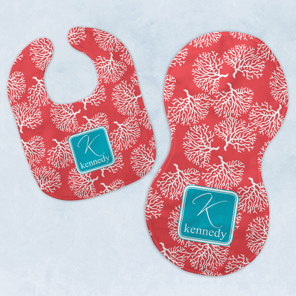 Custom Coral & Teal Baby Bib & Burp Set w/ Name and Initial