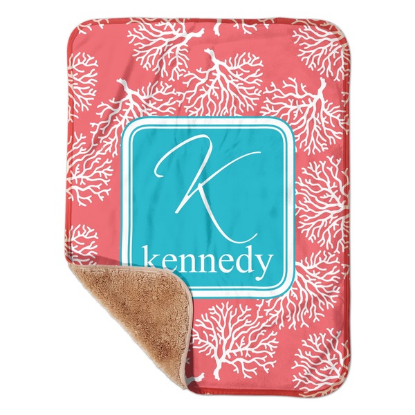 Custom Coral & Teal Sherpa Baby Blanket - 30" x 40" w/ Name and Initial