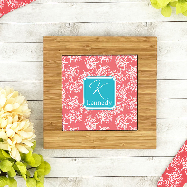 Coral & Teal Bamboo Trivet with 6" Tile - LIFESTYLE