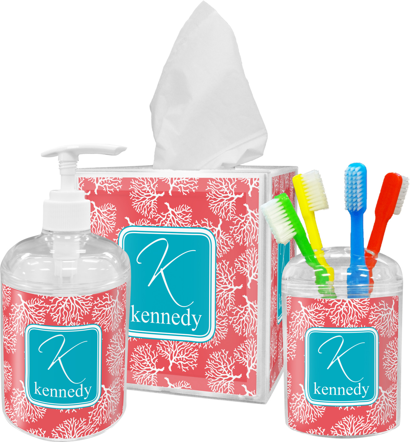 Coral & Teal Acrylic Bathroom Accessories Set w/ Name and Initial YouCustomizeIt
