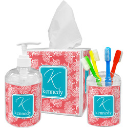 Coral & Teal Acrylic Bathroom Accessories Set w/ Name and Initial