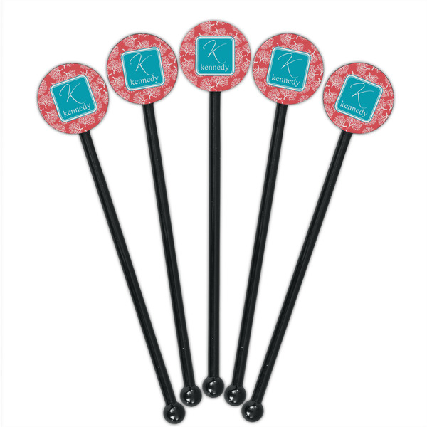 Coral & Teal Black Plastic 5.5" Stir Stick - Round - Fan View