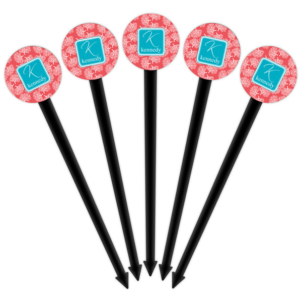 Coral & Teal Black Plastic 6" Food Pick - Round - Fan View