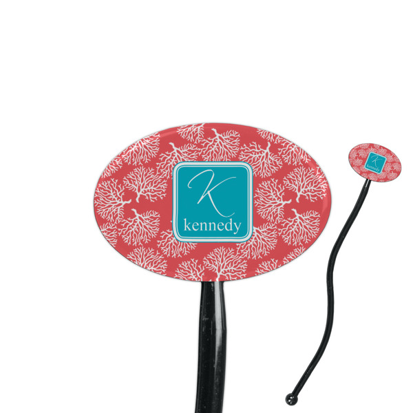 Custom Coral & Teal 7" Oval Plastic Stir Sticks - Black - Double Sided (Personalized)