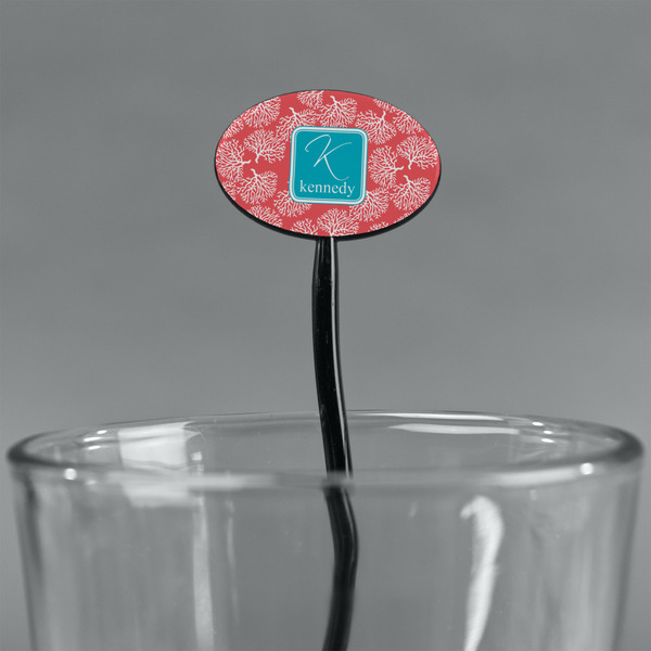 Coral & Teal Black Plastic 7" Stir Stick - Oval - Main