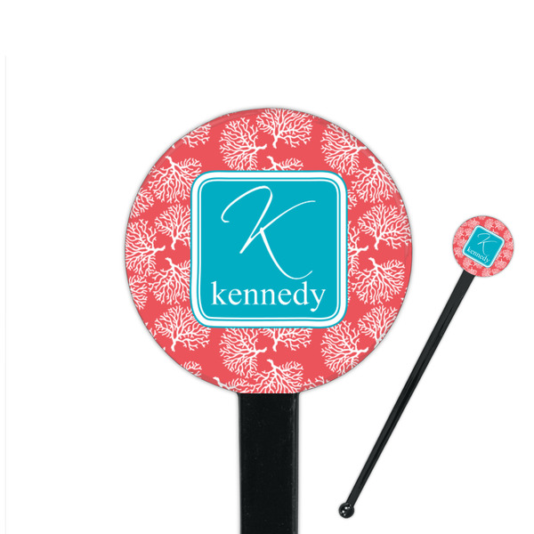 Custom Coral & Teal 7" Round Plastic Stir Sticks - Black - Single Sided (Personalized)