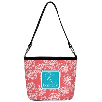 Coral & Teal Bucket Bag w/ Genuine Leather Trim (Personalized)