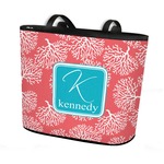 Coral & Teal Bucket Tote w/ Genuine Leather Trim (Personalized)