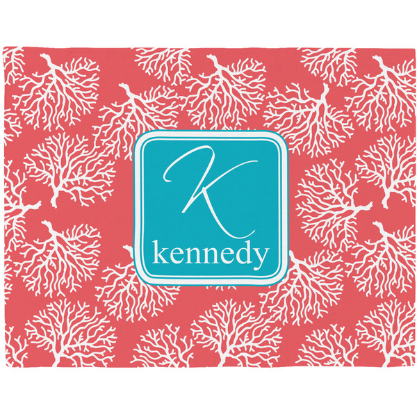 Custom Coral & Teal Woven Fabric Placemat - Twill w/ Name and Initial