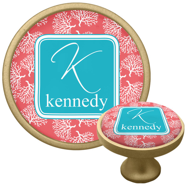 Custom Coral & Teal Cabinet Knob - Gold (Personalized)