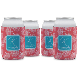 Coral & Teal Can Cooler (12 oz) - Set of 4 w/ Name and Initial