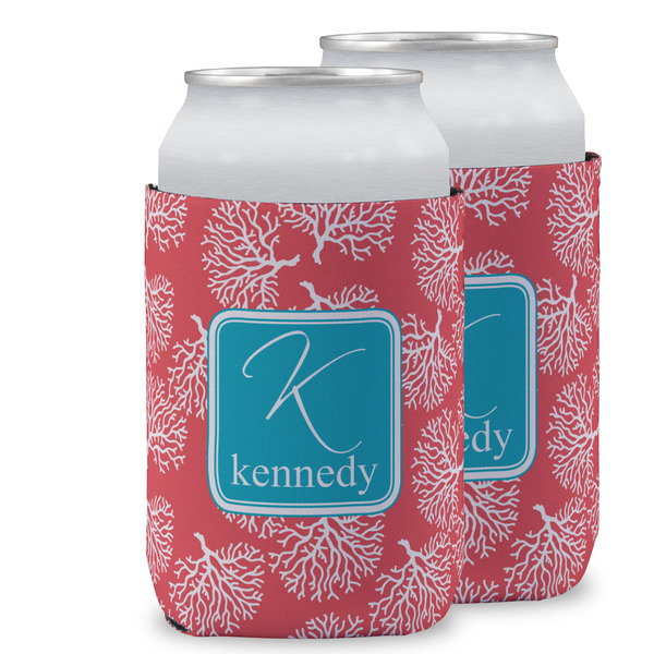 Custom Coral & Teal Can Cooler (12 oz) w/ Name and Initial