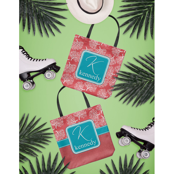 Coral & Teal Canvas Tote Lifestyle Front and Back