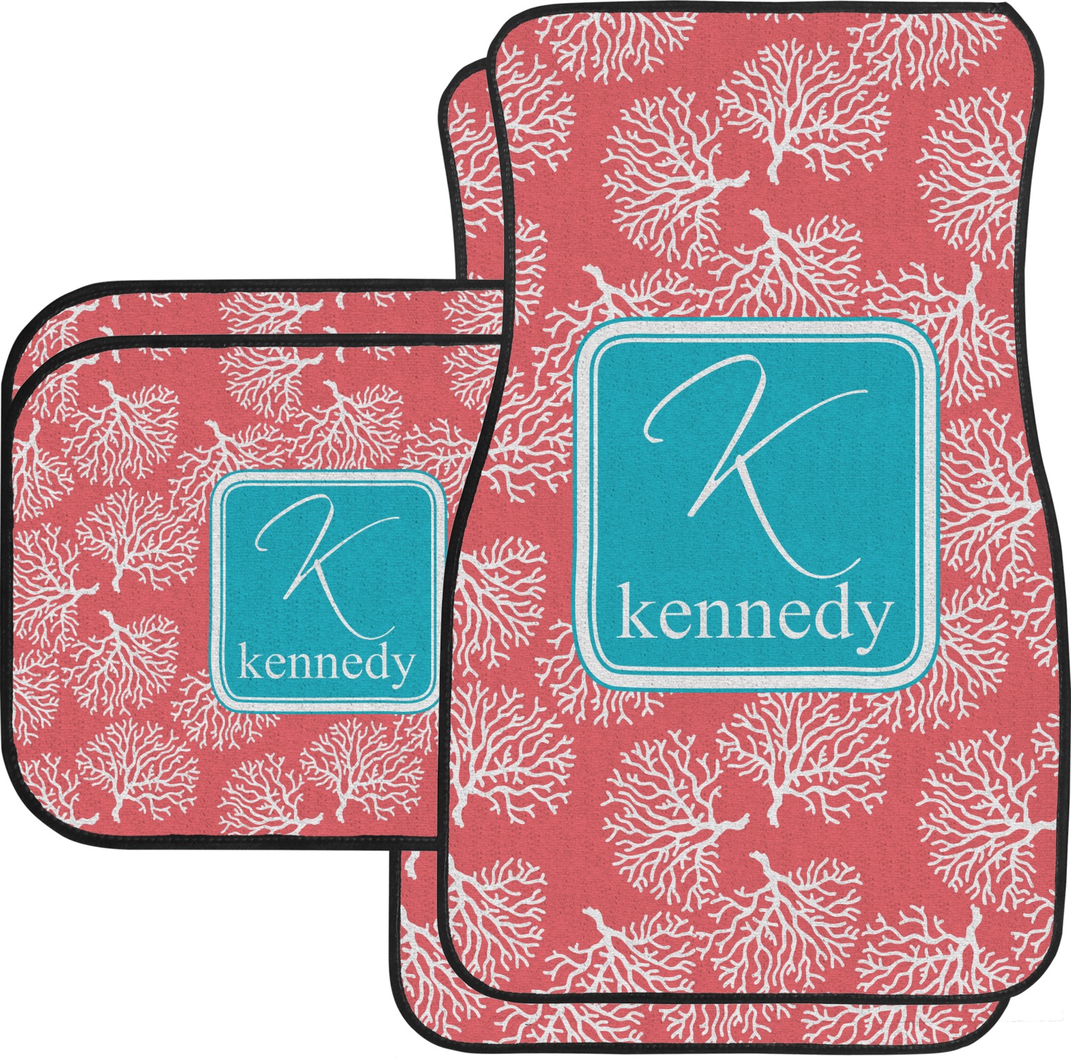 Custom Coral & Teal Car Floor Mats Set 2 Front & 2 Back (Personalized