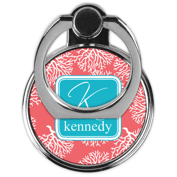 Coral & Teal Cell Phone Ring Stand & Holder - Front (Collapsed)