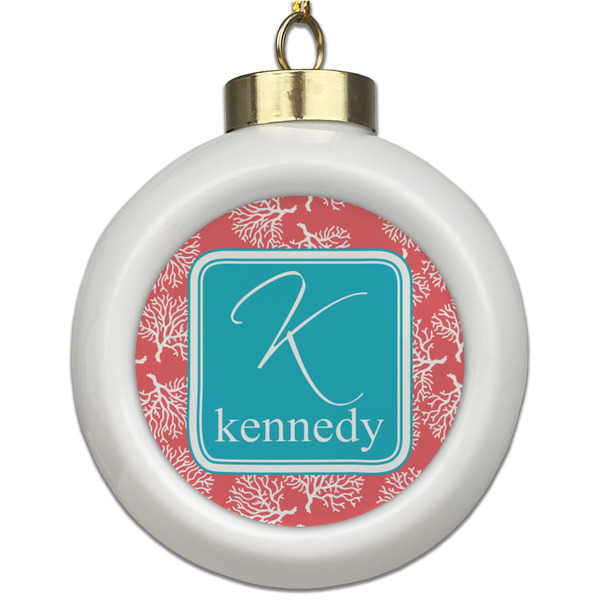 Custom Coral & Teal Ceramic Ball Ornament (Personalized)