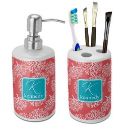 Coral & Teal Ceramic Bathroom Accessories Set (Personalized)