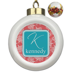 Coral & Teal Ceramic Ball Ornaments - Poinsettia Garland (Personalized)