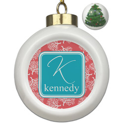 Coral & Teal Ceramic Ball Ornament - Christmas Tree (Personalized)