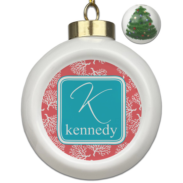 Custom Coral & Teal Ceramic Ball Ornament - Christmas Tree (Personalized)