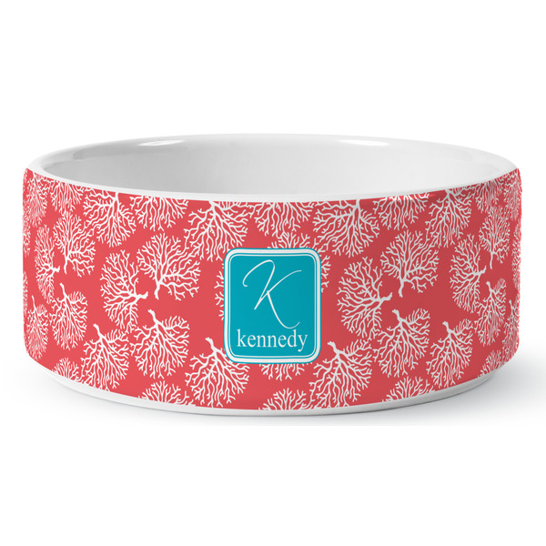 Coral & Teal Ceramic Dog Bowl - Medium - Front