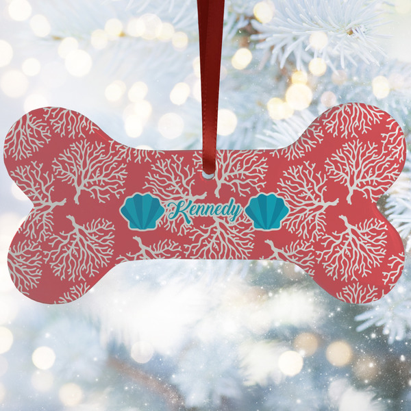 Custom Coral & Teal Ceramic Dog Ornament w/ Name and Initial