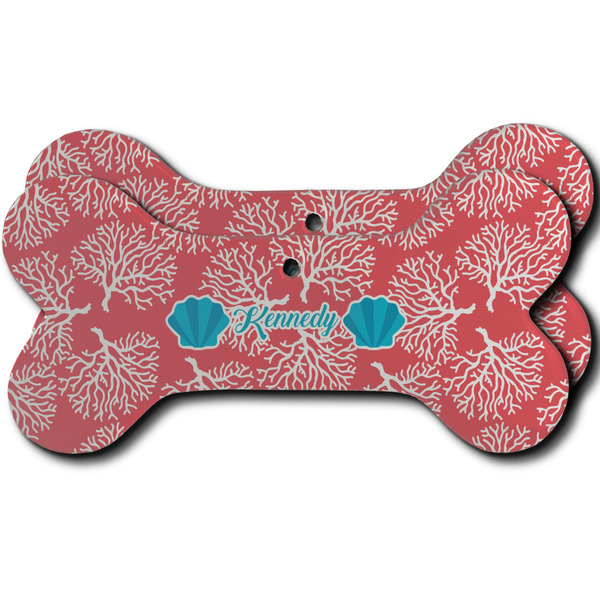 Custom Coral & Teal Ceramic Dog Ornament - Front & Back w/ Name and Initial