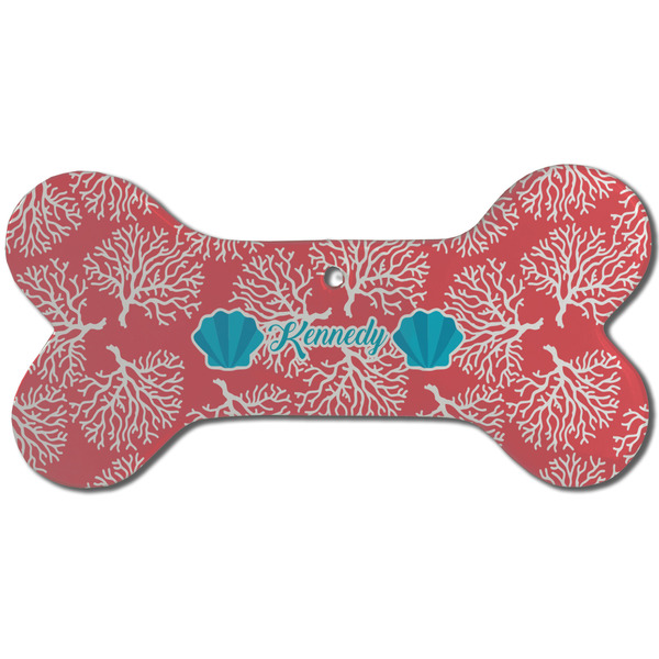 Custom Coral & Teal Ceramic Dog Ornament - Front w/ Name and Initial