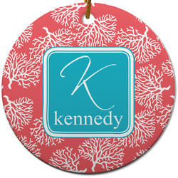 Coral & Teal Round Ceramic Ornament w/ Name and Initial