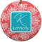 Coral & Teal Round Ceramic Ornament w/ Name and Initial