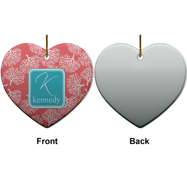 Coral & Teal Ceramic Flat Ornament - Heart Front & Back (APPROVAL)