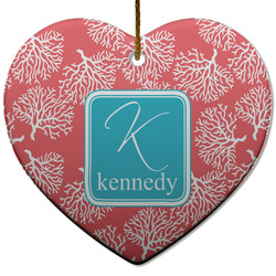 Coral & Teal Heart Ceramic Ornament w/ Name and Initial