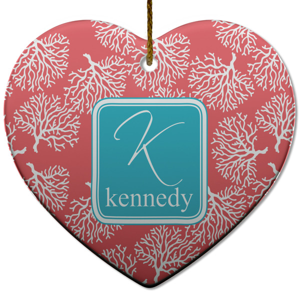 Custom Coral & Teal Heart Ceramic Ornament w/ Name and Initial