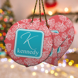 Coral & Teal Ceramic Ornament w/ Name and Initial