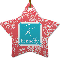 Coral & Teal Star Ceramic Ornament w/ Name and Initial