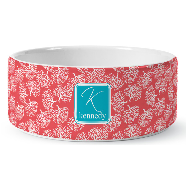 Custom Coral & Teal Ceramic Dog Bowl - Large (Personalized)