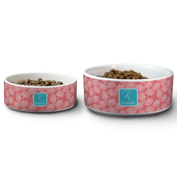 Coral & Teal Ceramic Dog Bowls - Size Comparison