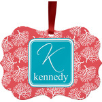 Coral & Teal Metal Frame Ornament - Double Sided w/ Name and Initial