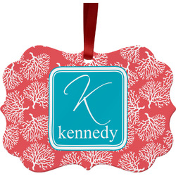 Coral & Teal Metal Frame Ornament - Double Sided w/ Name and Initial