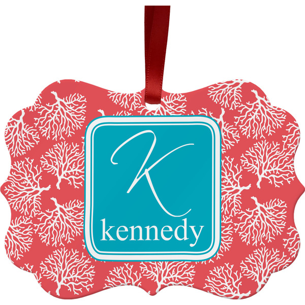 Custom Coral & Teal Metal Frame Ornament - Double Sided w/ Name and Initial