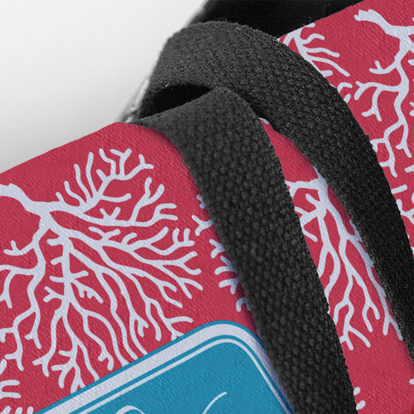 Coral & Teal Closeup of Tote w/Black Handles