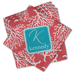 Coral & Teal Cloth Cocktail Napkins - Set of 4 w/ Name and Initial