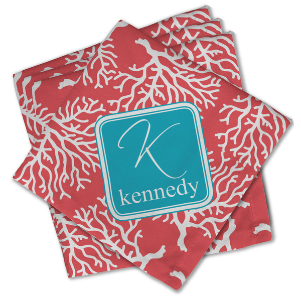 Custom Coral & Teal Cloth Cocktail Napkins - Set of 4 w/ Name and Initial