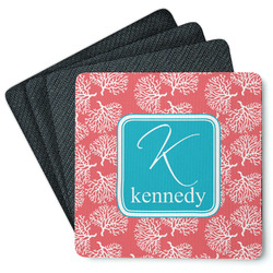 Coral & Teal Square Rubber Backed Coasters - Set of 4 (Personalized)