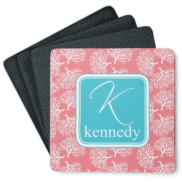 Custom Coral & Teal Square Rubber Backed Coasters - Set of 4 (Personalized)
