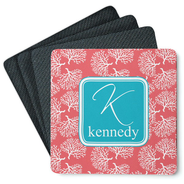 Custom Coral & Teal Square Rubber Backed Coasters - Set of 4 (Personalized)