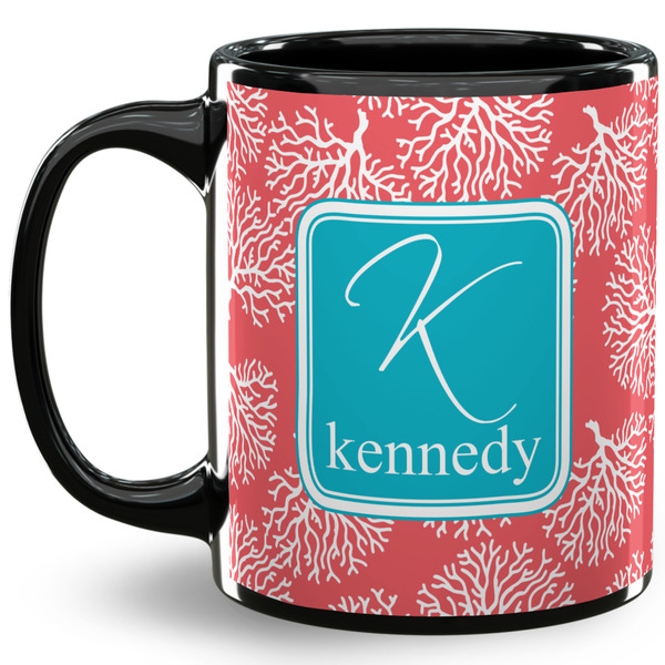 Custom Coral & Teal 11 Oz Coffee Mug - Black (Personalized)