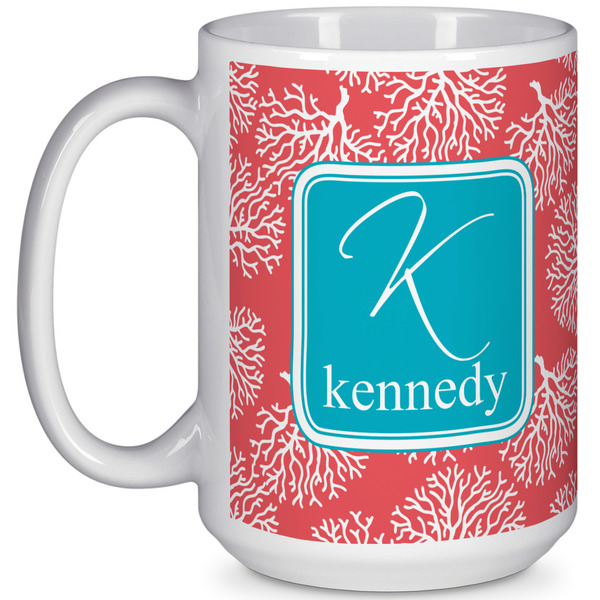 Custom Coral & Teal 15 Oz Coffee Mug - White (Personalized)