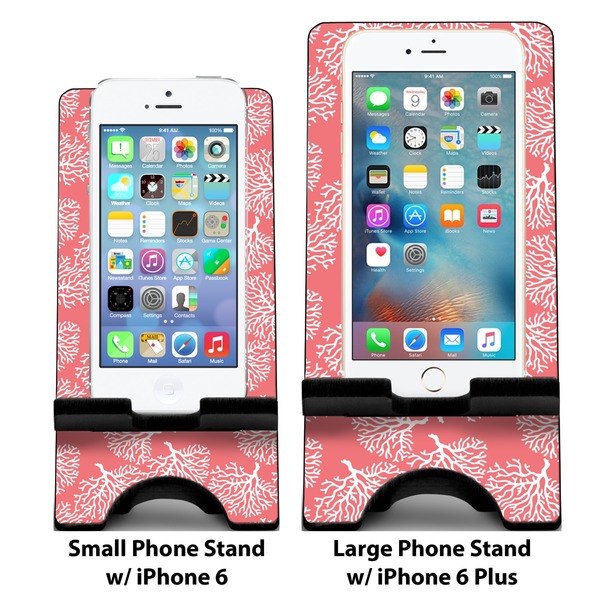 Coral & Teal Compare Phone Stand Sizes - with iPhones