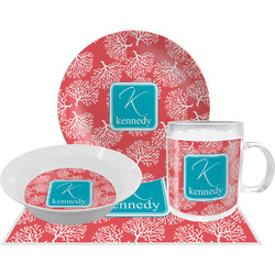 Coral & Teal Dinner Set - Single 4 Pc Setting w/ Name and Initial